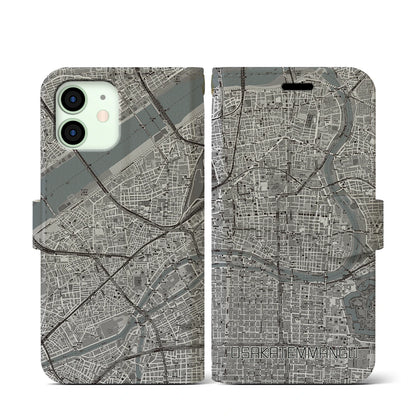 【大阪天満宮（大阪府）】地図柄iPhoneケース（手帳タイプ）モノトーン・iPhone 12 mini 用