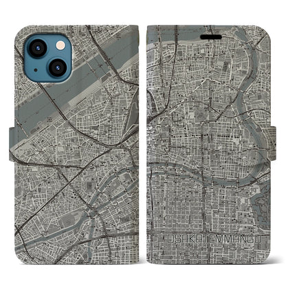 【大阪天満宮（大阪府）】地図柄iPhoneケース（手帳タイプ）モノトーン・iPhone 13 用