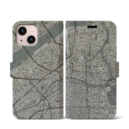 【大阪天満宮（大阪府）】地図柄iPhoneケース（手帳タイプ）モノトーン・iPhone 13 mini 用