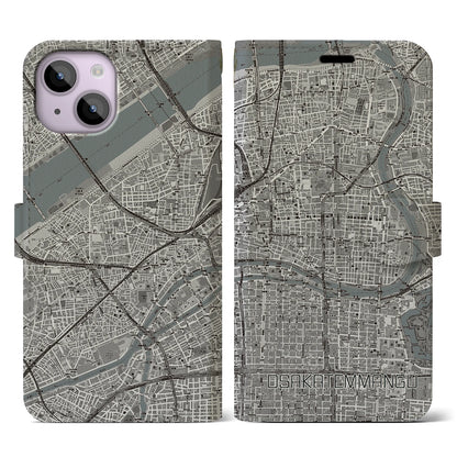 【大阪天満宮（大阪府）】地図柄iPhoneケース（手帳タイプ）モノトーン・iPhone 14 用