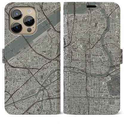 【大阪天満宮（大阪府）】地図柄iPhoneケース（手帳タイプ）モノトーン・iPhone 14 Pro Max 用