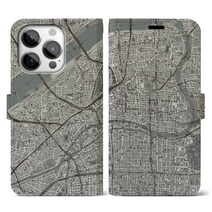 【大阪天満宮（大阪府）】地図柄iPhoneケース（手帳タイプ）モノトーン・iPhone 14 Pro 用