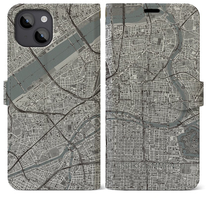 【大阪天満宮（大阪府）】地図柄iPhoneケース（手帳タイプ）モノトーン・iPhone 14 Plus 用