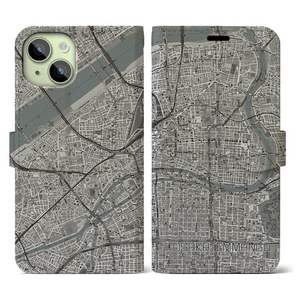 【大阪天満宮（大阪府）】地図柄iPhoneケース（手帳タイプ）モノトーン・iPhone 15 用