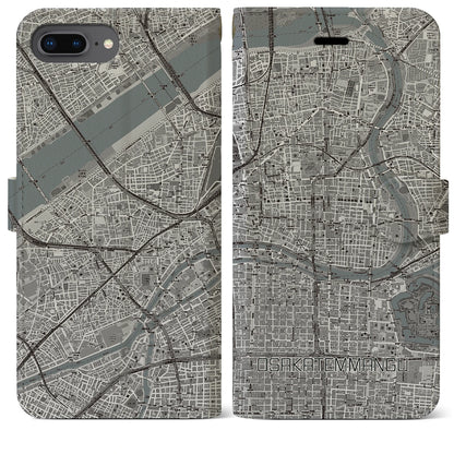 【大阪天満宮（大阪府）】地図柄iPhoneケース（手帳タイプ）モノトーン・iPhone 8Plus /7Plus / 6sPlus / 6Plus 用