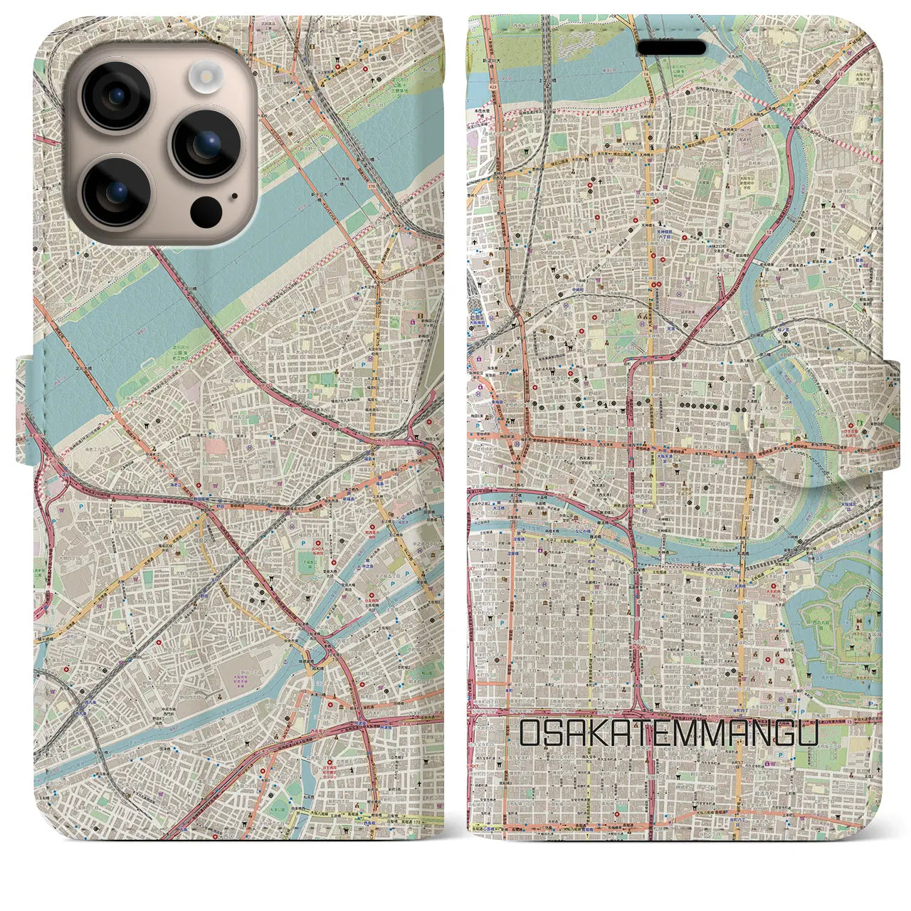 【大阪天満宮（大阪府）】地図柄iPhoneケース（手帳タイプ）ナチュラル・iPhone 16 Plus 用