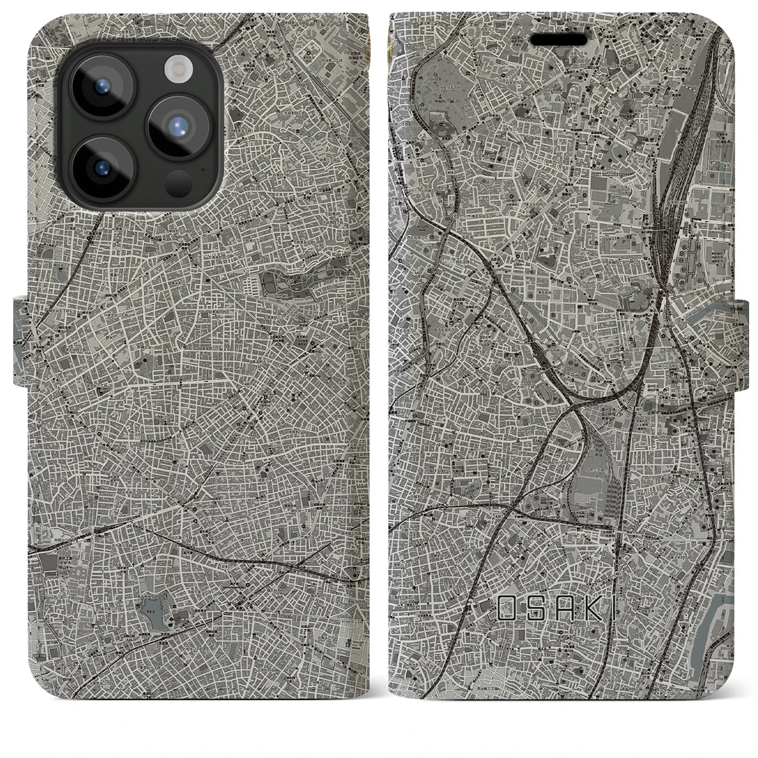 【大崎】地図柄iPhoneケース（手帳両面タイプ・モノトーン）iPhone 15 Pro Max 用