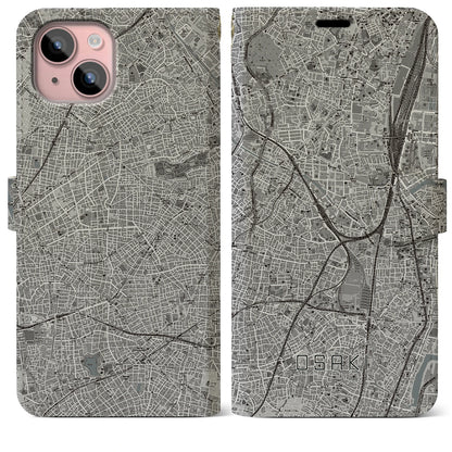 【大崎（東京都）】地図柄iPhoneケース（手帳タイプ）モノトーン・iPhone 15 Plus 用