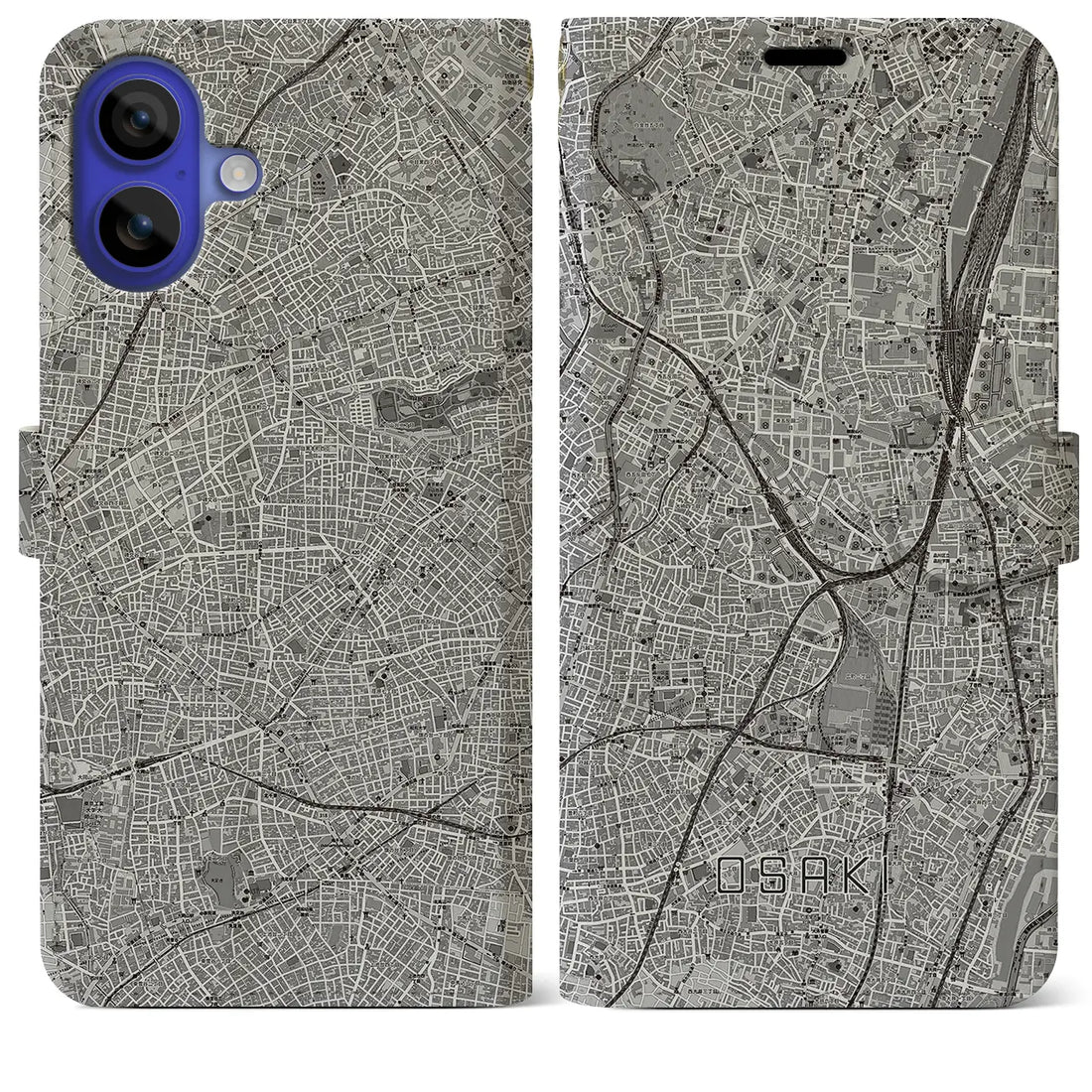 【大崎(東京都)】地図柄iPhoneケース(手帳タイプ)モノトーン・iPhone 16 Pro Max 用