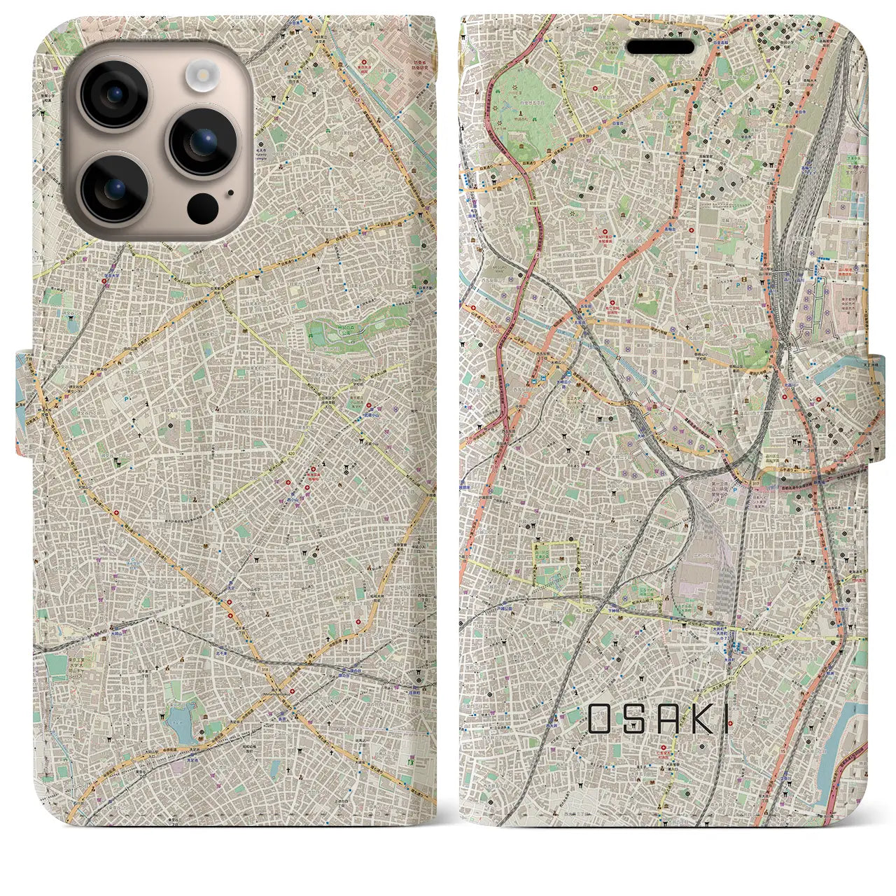 【大崎（東京都）】地図柄iPhoneケース（手帳タイプ）ナチュラル・iPhone 16 Plus 用