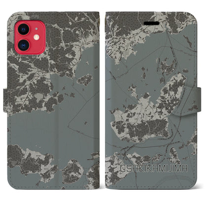 【大崎上島（広島県）】地図柄iPhoneケース（手帳タイプ）モノトーン・iPhone 11 用