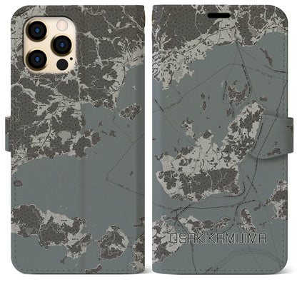 【大崎上島（広島県）】地図柄iPhoneケース（手帳タイプ）モノトーン・iPhone 12 Pro Max 用