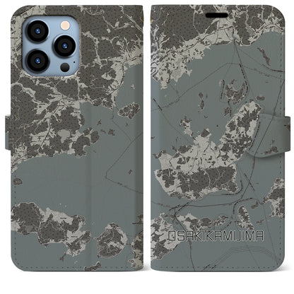 【大崎上島（広島県）】地図柄iPhoneケース（手帳タイプ）モノトーン・iPhone 13 Pro Max 用
