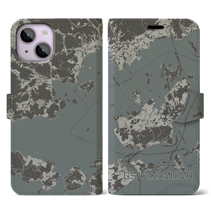 【大崎上島（広島県）】地図柄iPhoneケース（手帳タイプ）モノトーン・iPhone 14 用