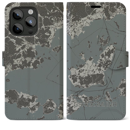 【大崎上島（広島県）】地図柄iPhoneケース（手帳タイプ）モノトーン・iPhone 15 Pro Max 用