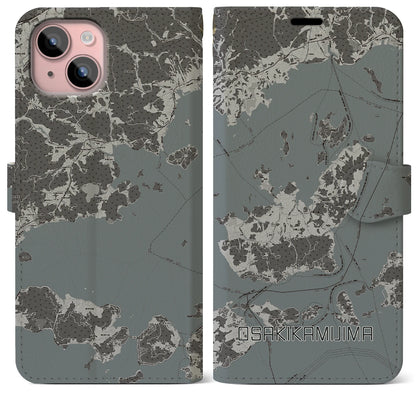 【大崎上島（広島県）】地図柄iPhoneケース（手帳タイプ）モノトーン・iPhone 15 Plus 用