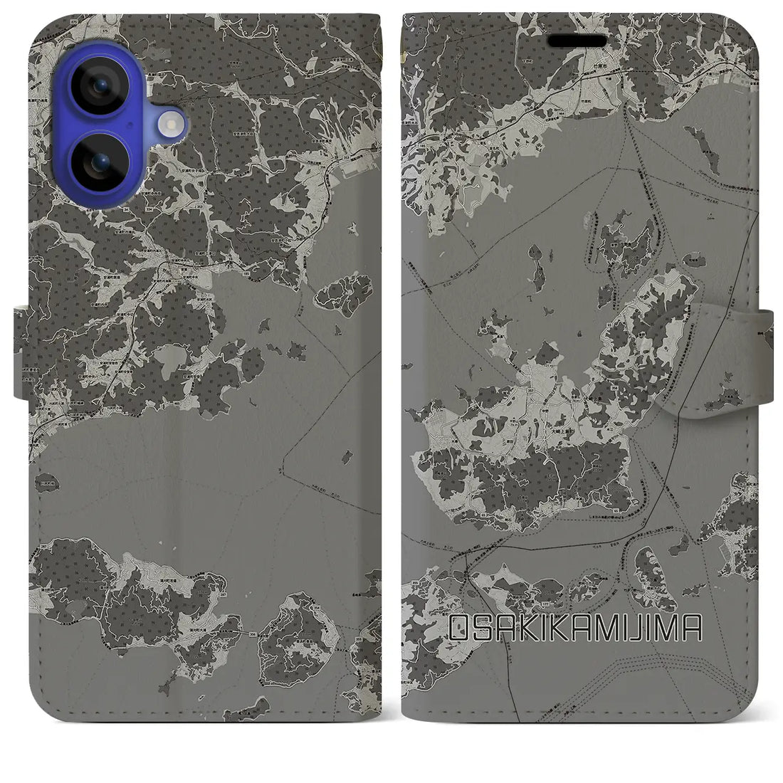 【大崎上島(広島県)】地図柄iPhoneケース(手帳タイプ)モノトーン・iPhone 16 Pro Max 用