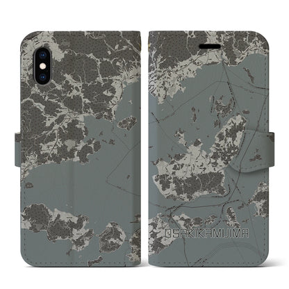 【大崎上島（広島県）】地図柄iPhoneケース（手帳タイプ）モノトーン・iPhone XS / X 用
