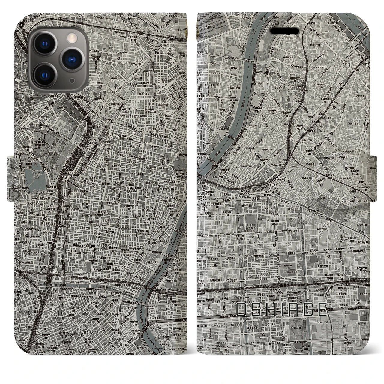 【押上】地図柄iPhoneケース（手帳両面タイプ・モノトーン）iPhone 11 Pro Max 用