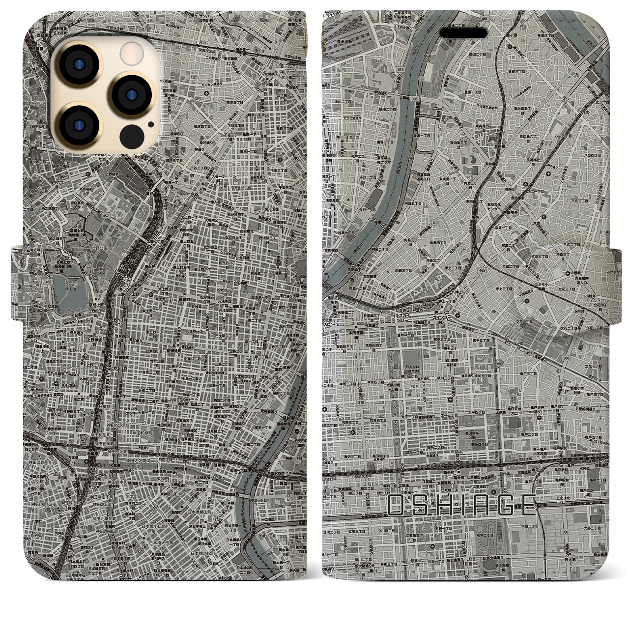 【押上】地図柄iPhoneケース（手帳両面タイプ・モノトーン）iPhone 12 Pro Max 用
