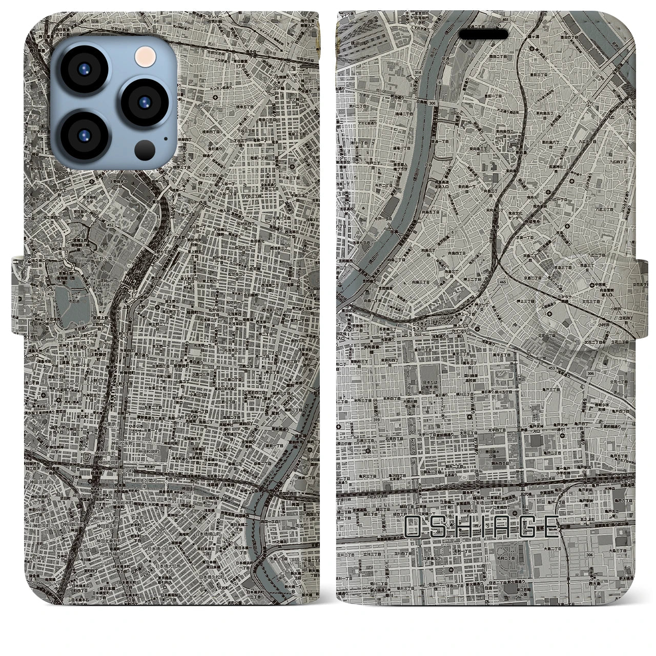 【押上】地図柄iPhoneケース（手帳両面タイプ・モノトーン）iPhone 13 Pro Max 用