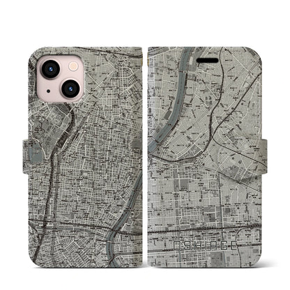 【押上（東京都）】地図柄iPhoneケース（手帳タイプ）モノトーン・iPhone 13 mini 用