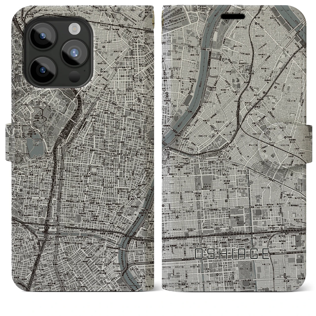 【押上】地図柄iPhoneケース（手帳両面タイプ・モノトーン）iPhone 15 Pro Max 用