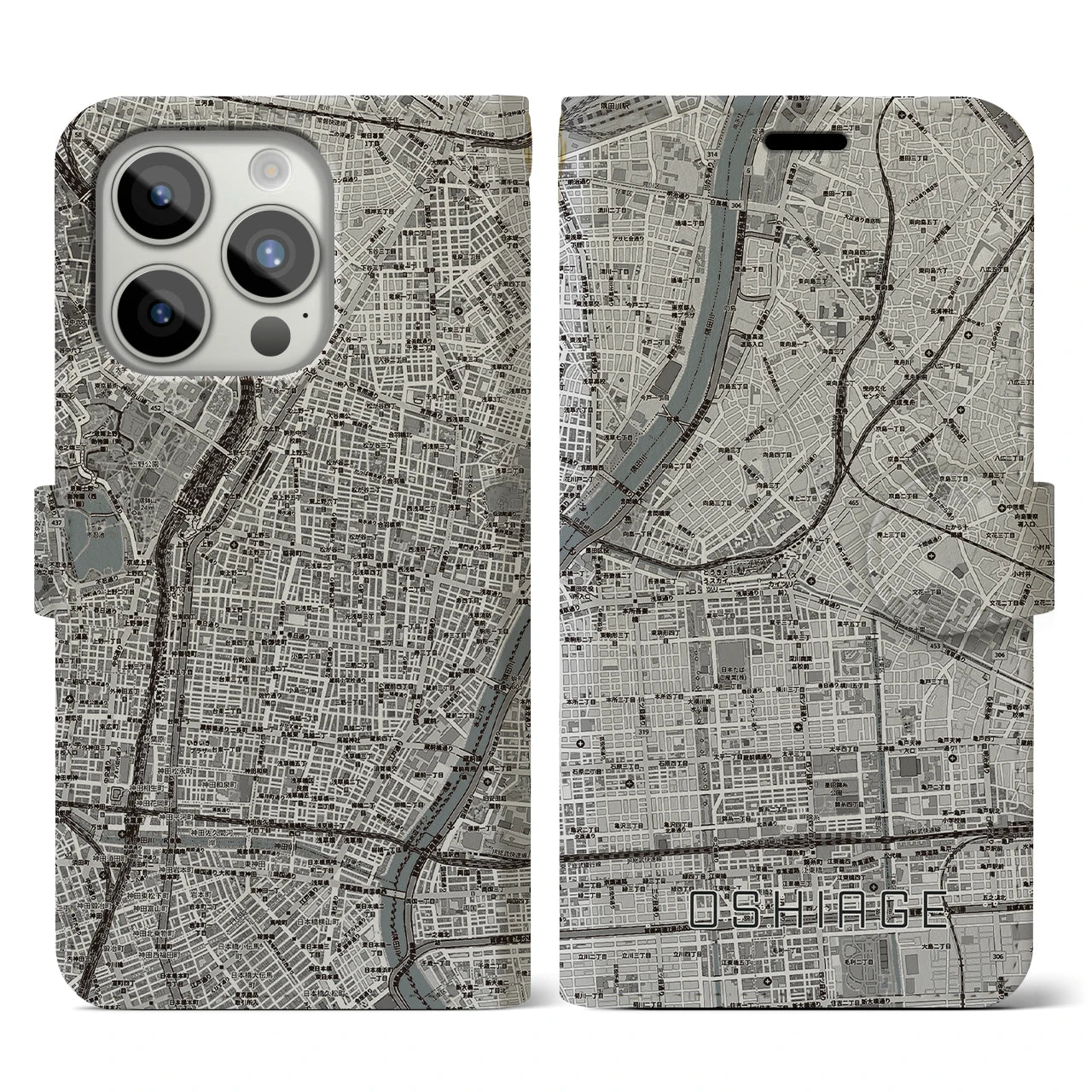 【押上】地図柄iPhoneケース（手帳両面タイプ・モノトーン）iPhone 15 Pro 用