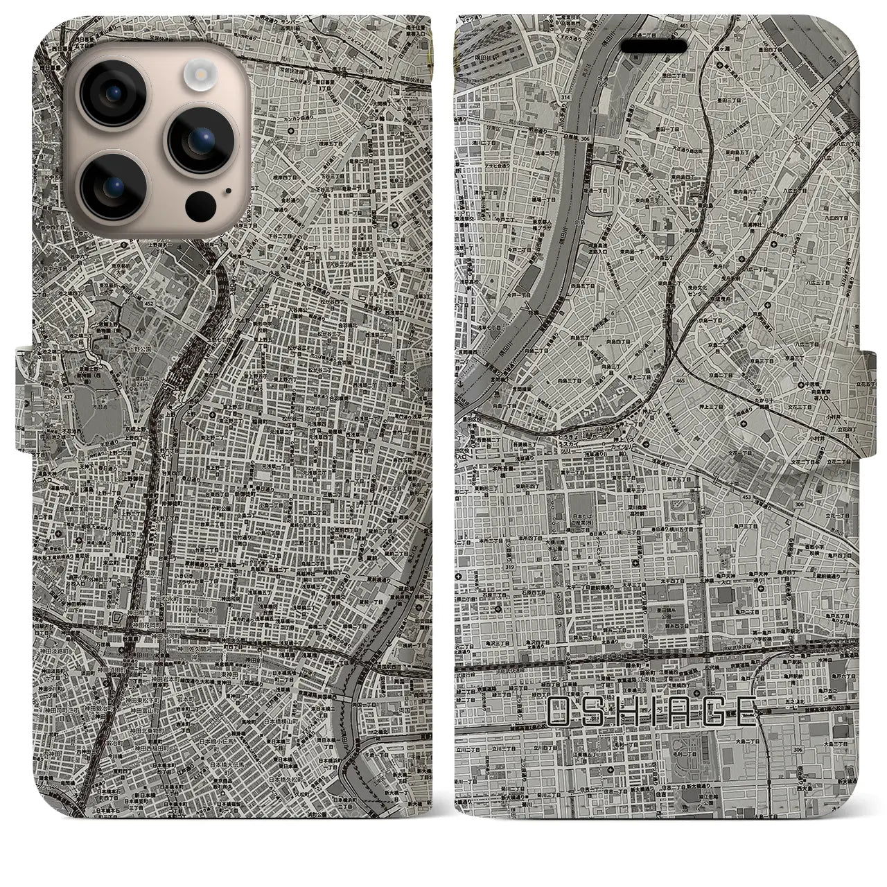 【押上（東京都）】地図柄iPhoneケース（手帳タイプ）モノトーン・iPhone 16 Plus 用