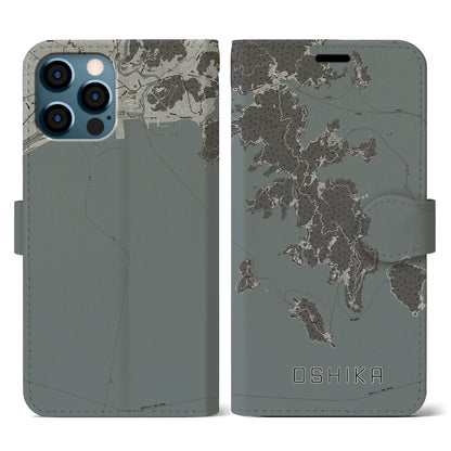 【牡鹿（宮城県）】地図柄iPhoneケース（手帳タイプ）モノトーン・iPhone 12 / 12 Pro 用