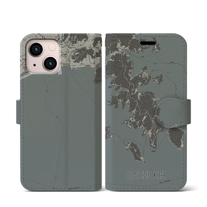 【牡鹿（宮城県）】地図柄iPhoneケース（手帳タイプ）モノトーン・iPhone 13 mini 用