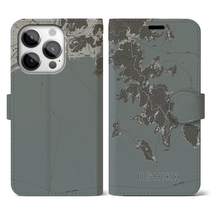 【牡鹿（宮城県）】地図柄iPhoneケース（手帳タイプ）モノトーン・iPhone 14 Pro 用