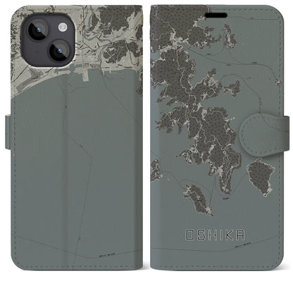 【牡鹿（宮城県）】地図柄iPhoneケース（手帳タイプ）モノトーン・iPhone 14 Plus 用