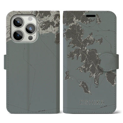 【牡鹿（宮城県）】地図柄iPhoneケース（手帳タイプ）モノトーン・iPhone 15 Pro 用