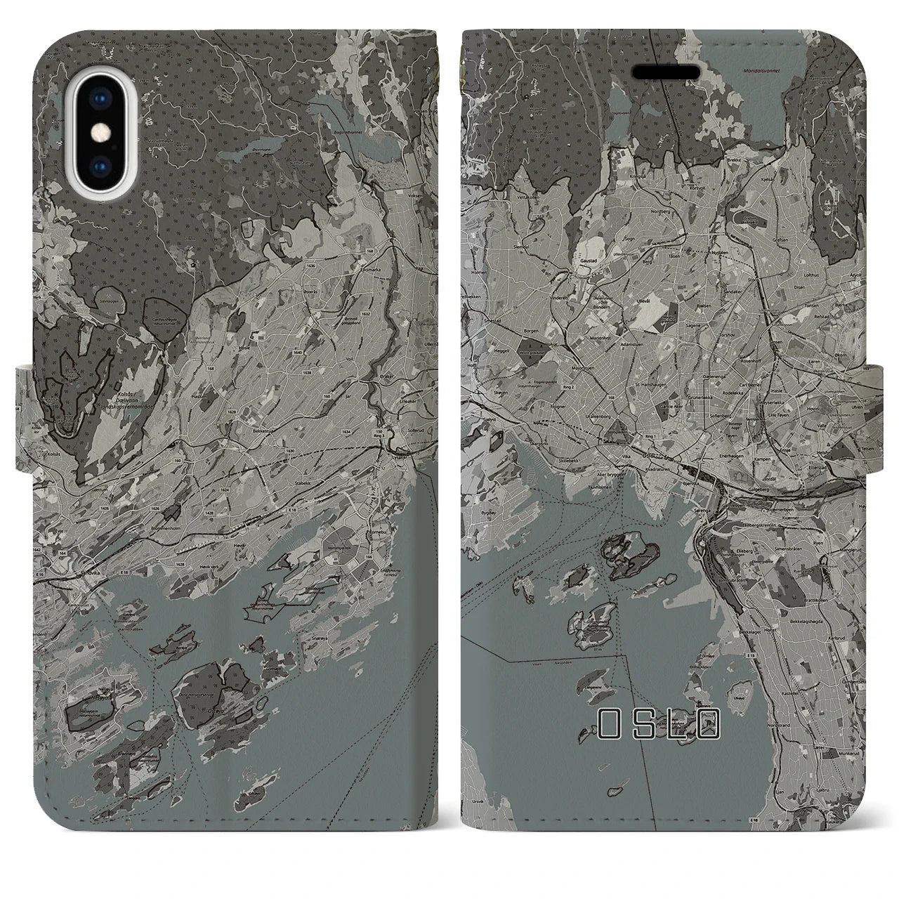 【オスロ（ノルウェー）】地図柄iPhoneケース（手帳タイプ）モノトーン・iPhone XS Max 用