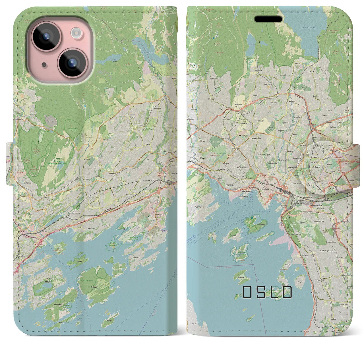 【オスロ（ノルウェー）】地図柄iPhoneケース（手帳タイプ）ナチュラル・iPhone 15 Plus 用