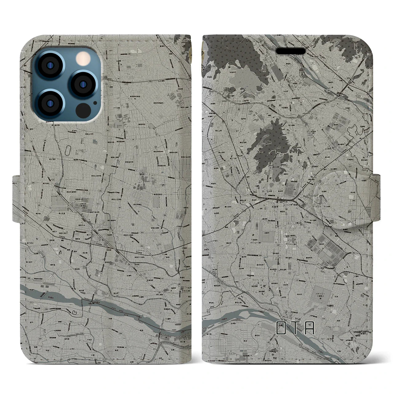 【太田（群馬県）】地図柄iPhoneケース（手帳タイプ）モノトーン・iPhone 13 Pro Max 用