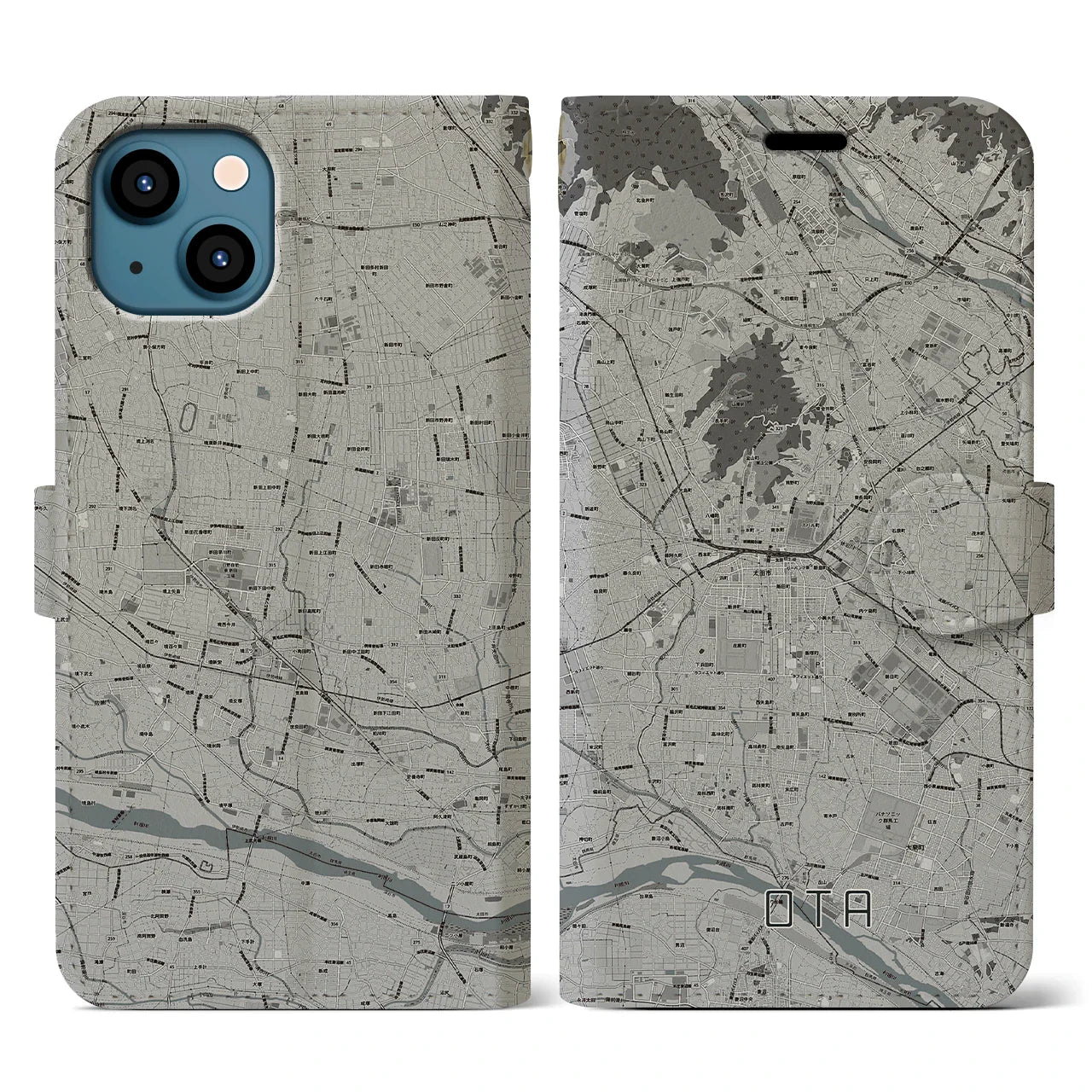 【太田（群馬県）】地図柄iPhoneケース（手帳タイプ）モノトーン・iPhone 14 用