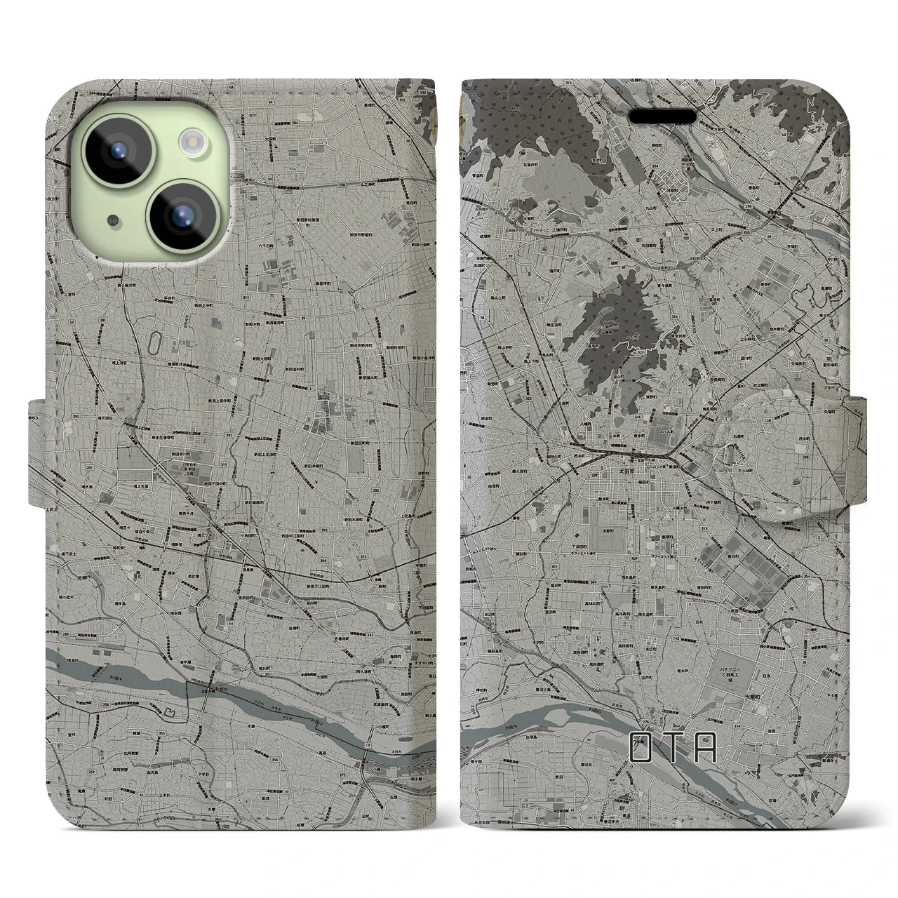 【太田】地図柄iPhoneケース（手帳両面タイプ・モノトーン）iPhone 15 用