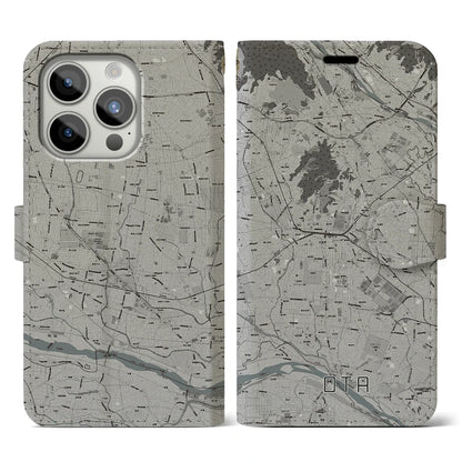 【太田（群馬県）】地図柄iPhoneケース（手帳タイプ）モノトーン・iPhone 15 Pro 用
