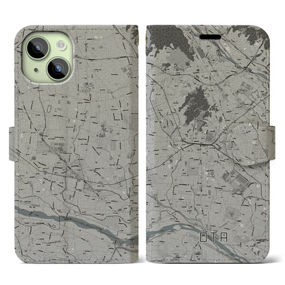 【太田（群馬県）】地図柄iPhoneケース（手帳タイプ）モノトーン・iPhone 15 用