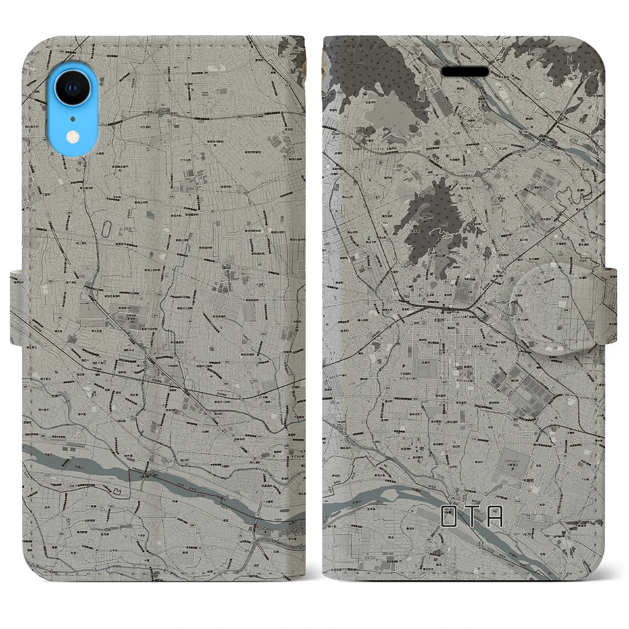 【太田（群馬県）】地図柄iPhoneケース（手帳タイプ）モノトーン・iPhone XR 用
