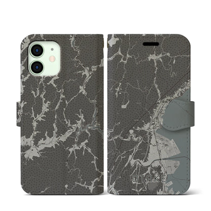 【大竹（広島県）】地図柄iPhoneケース（手帳タイプ）モノトーン・iPhone 12 mini 用