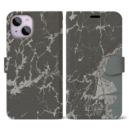 【大竹（広島県）】地図柄iPhoneケース（手帳タイプ）モノトーン・iPhone 14 用