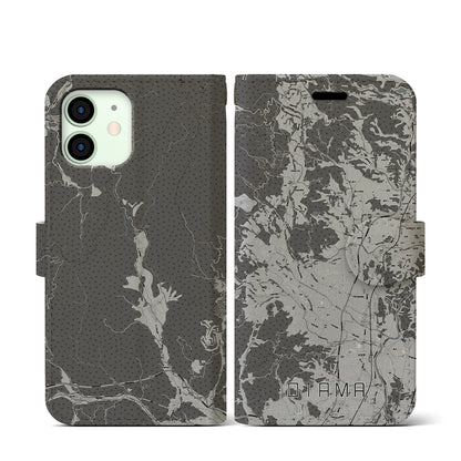 【大玉（福島県）】地図柄iPhoneケース（手帳タイプ）モノトーン・iPhone 12 mini 用