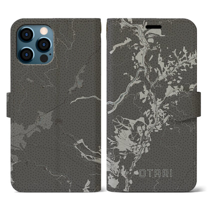 【小谷（長野県）】地図柄iPhoneケース（手帳タイプ）モノトーン・iPhone 12 / 12 Pro 用