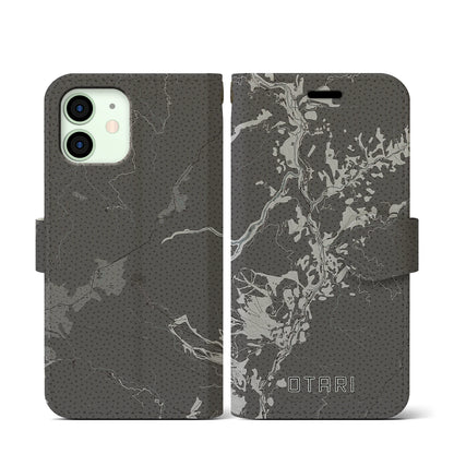 【小谷（長野県）】地図柄iPhoneケース（手帳タイプ）モノトーン・iPhone 12 mini 用