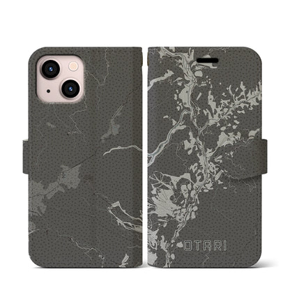 【小谷（長野県）】地図柄iPhoneケース（手帳タイプ）モノトーン・iPhone 13 mini 用