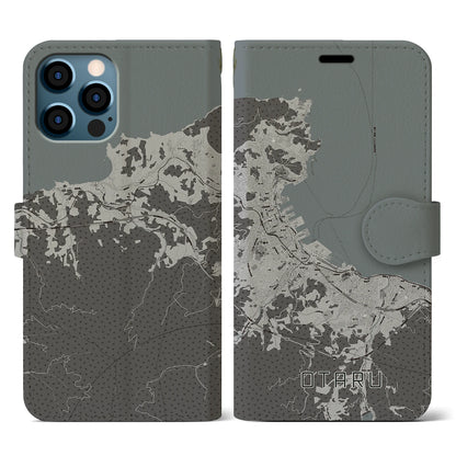 【小樽（北海道）】地図柄iPhoneケース（手帳タイプ）モノトーン・iPhone 12 / 12 Pro 用