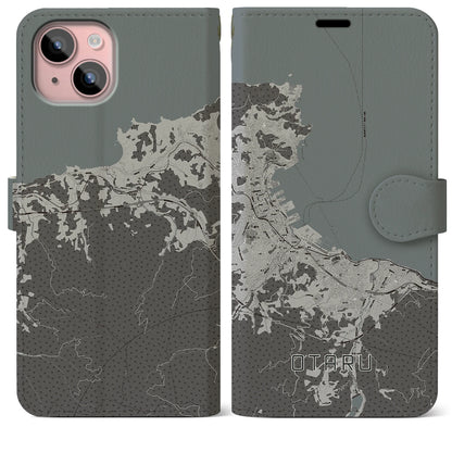 【小樽（北海道）】地図柄iPhoneケース（手帳タイプ）モノトーン・iPhone 15 Plus 用